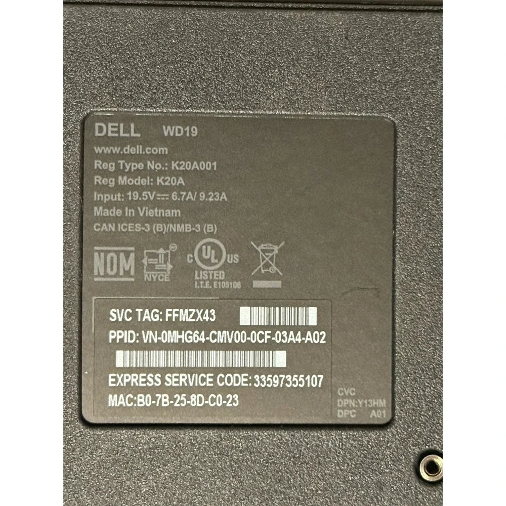 Dell WD19 K20A001 Dual Monitor USB-C HDMI Docking Station W/ 180W Tested OEM
